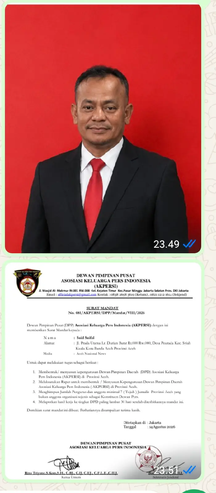 Said Saiful Terima Mandat Ketua Umum AKPERSI Pusat untuk Perkuat Organisasi di Aceh